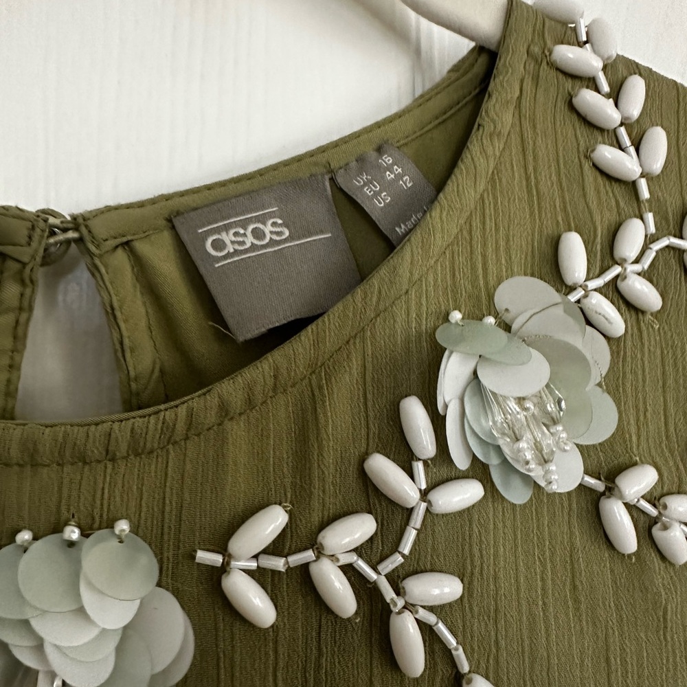 BNWOT Olive Green Dress with Floral Beading - Picture 3 of 7